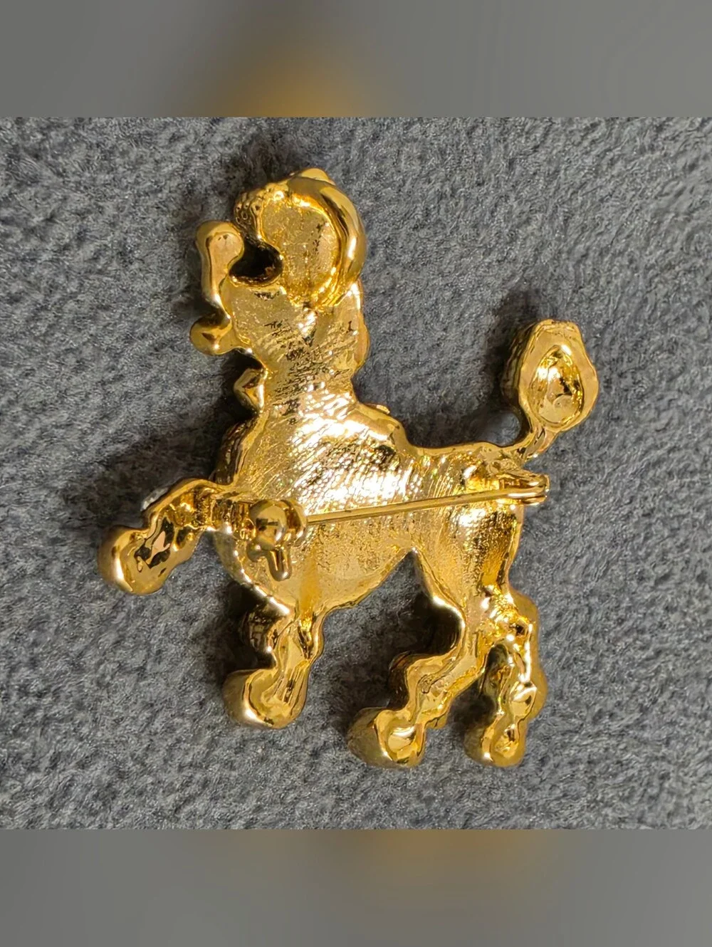 Gold Tone Poodle Dog Brooch Clear Rhinestones Green Eye Figural Pin New